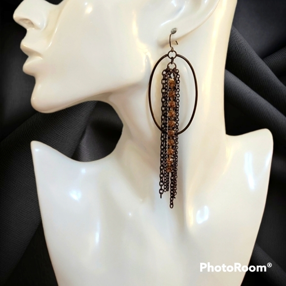 Vintage Jewelry - 3/$30 Vtg Bronze Oval Rhinestone Chain Fringe Dangle Hook Festival Earrings